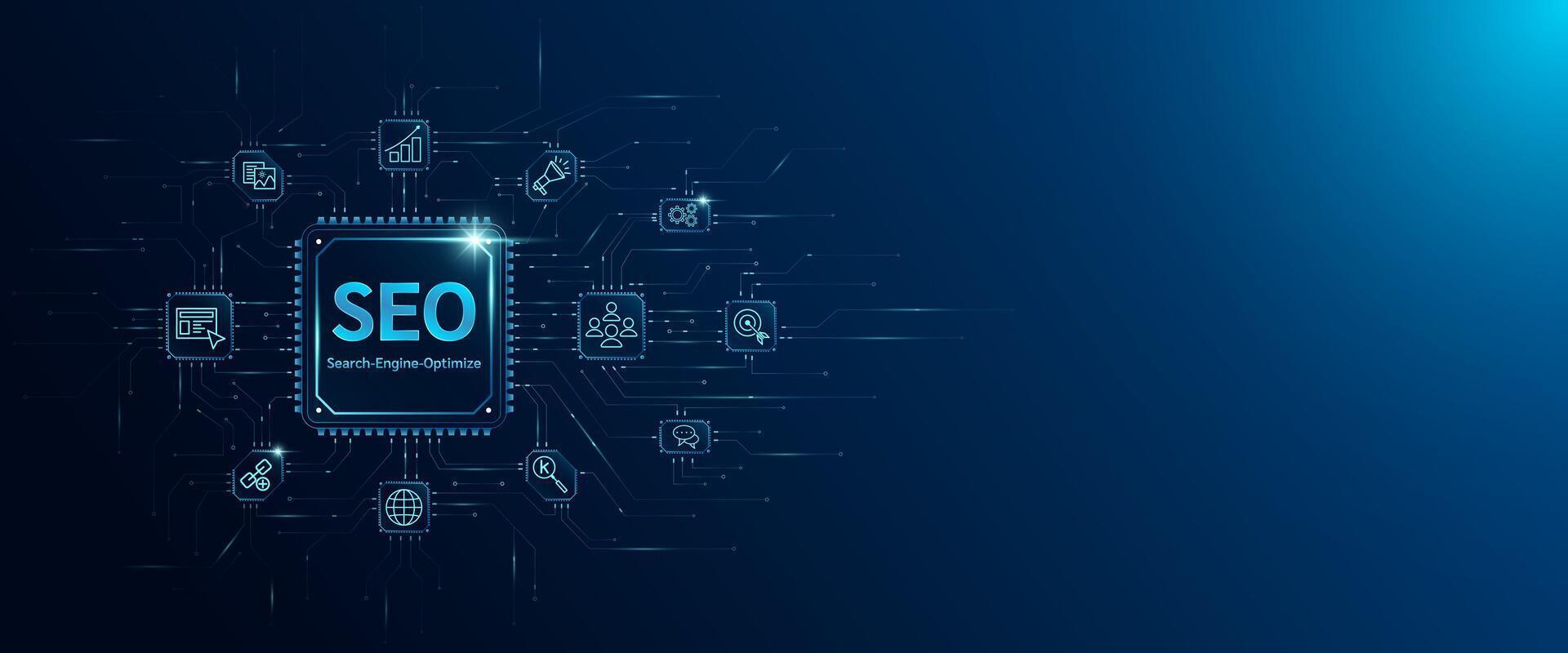 SEO letters in microchip processor circuit board and icon Search, Engine, Optimize. Corporation development and planning business strategy. Space for text banner. Innovative technology digital. vector