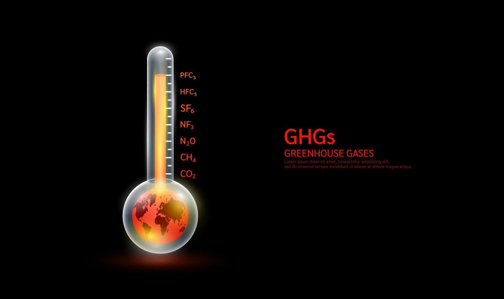 Globe red in thermometer. Greenhouse gases air pollution emissions with industrial, fumes forest fires, agriculture livestock, electronic devices and gas CO2 CH4 N2O SF6 NF3 PFCs HFCs. vector