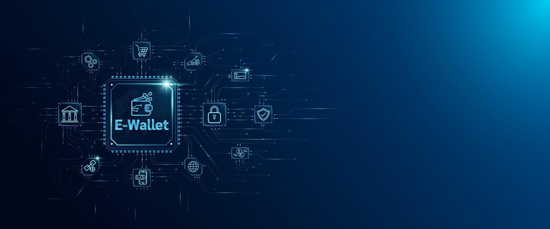 E Wallet in microchip processor circuit board and icon Shopping, Banking, Exchange. Digital wallet app online payment security money transaction. Planning financial business. Innovative technology. vector