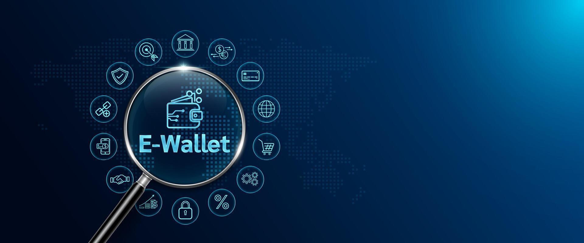 Magnifying glass look E Wallet and icon shopping, banking, exchange around. Digital wallet app. Online payment security and transaction planning business financial. Space for text. Banner . vector