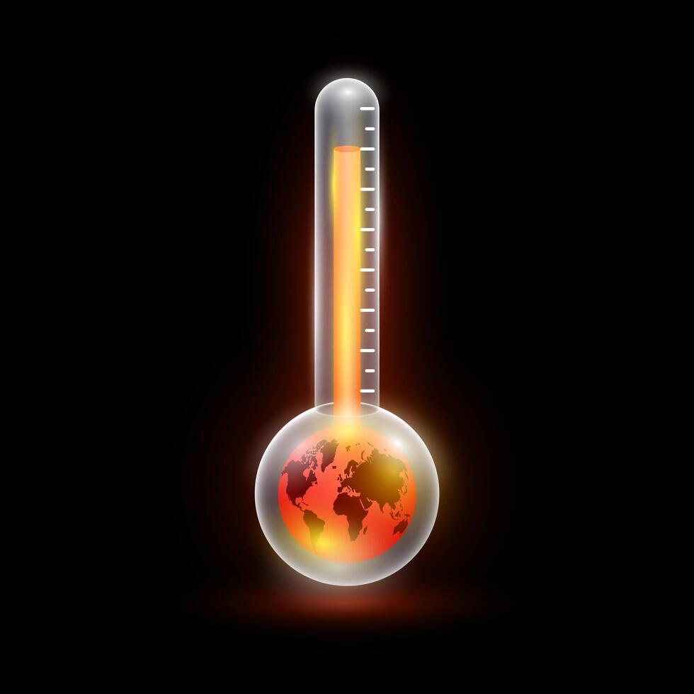 Globe red in thermometer on a black background. Greenhouse gases air pollution emissions with industrial, fumes forest fires, agriculture livestock, electronic devices. vector