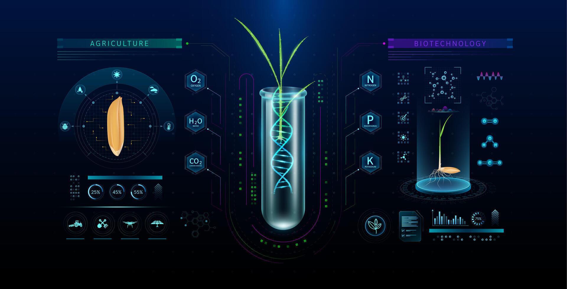 Green rice seedling DNA helix structure in transparent glass test tube. Plant wheat seeds roots growth genetic modification experiment for cultivation. Biotechnology agriculture. Scientific. . vector