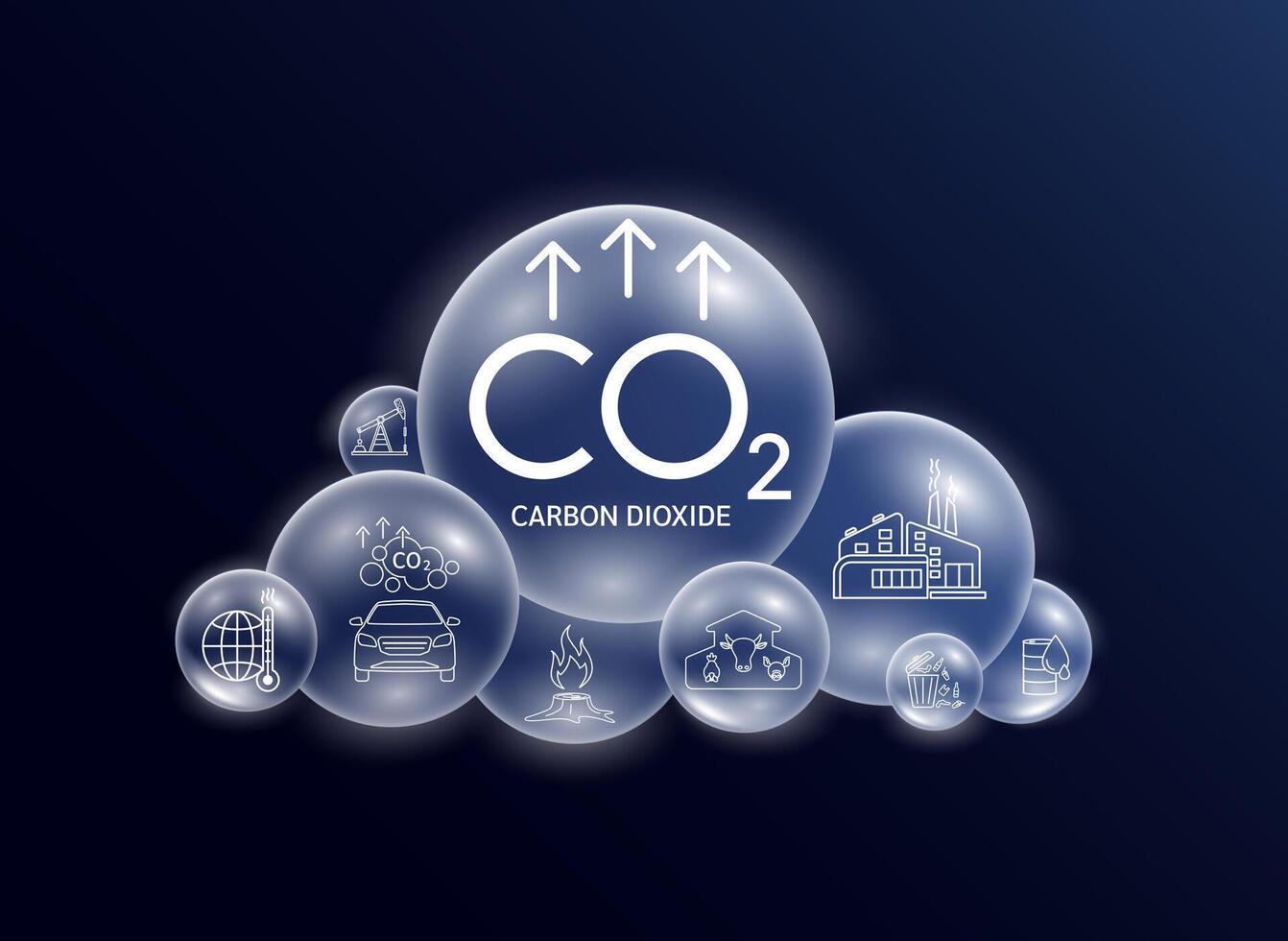Carbon Dioxide CO2 models in cloud grey. Air pollution emissions contamination with industrial pipes causes of greenhouse gases. Ecology and biochemistry concept. vector