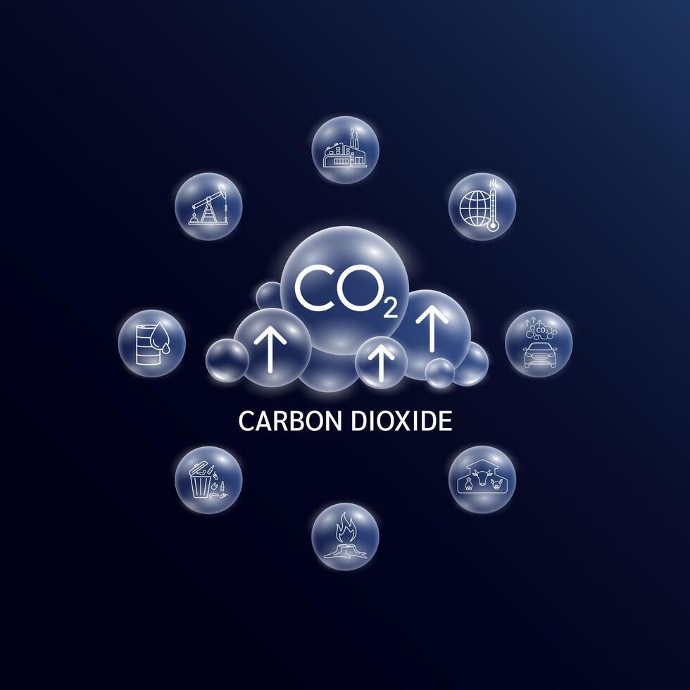 Carbon Dioxide CO2 models in clouds grey. Air pollution emissions contamination with industrial pipes causes of greenhouse gases. Ecology and biochemistry concept. vector