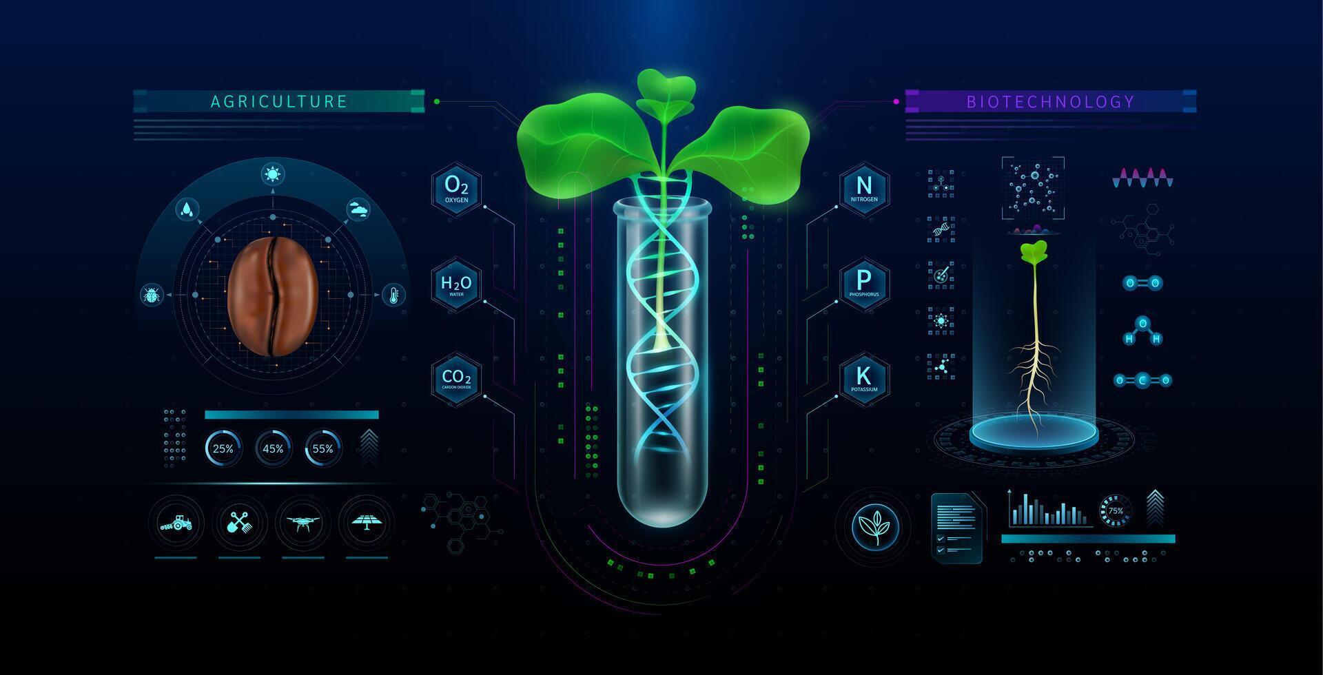 Coffee seedling green and DNA helix structure with seed in glass test tube. Biotechnology in cultivation agriculture industry. Plant growth genetic experiment scientific. illustration. vector