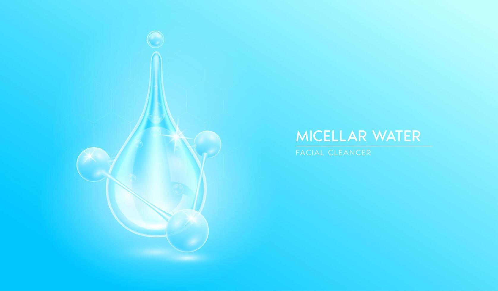 Serum micellar water drop bubbles in closeup. Moisturizer collagen with molecule glittering and hyaluronic acid. For ad for beauty cosmetics delicately skin. On blue background realistic 3d. vector