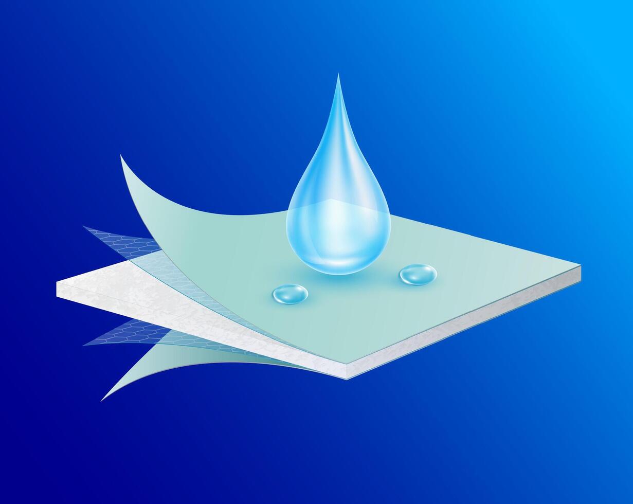 Water droplets gypsum board corner close up texture construction material synthetic fiber with heat insulation, waterproofing and vapor barrier reflect heat. Can fabric ads industrial. vector