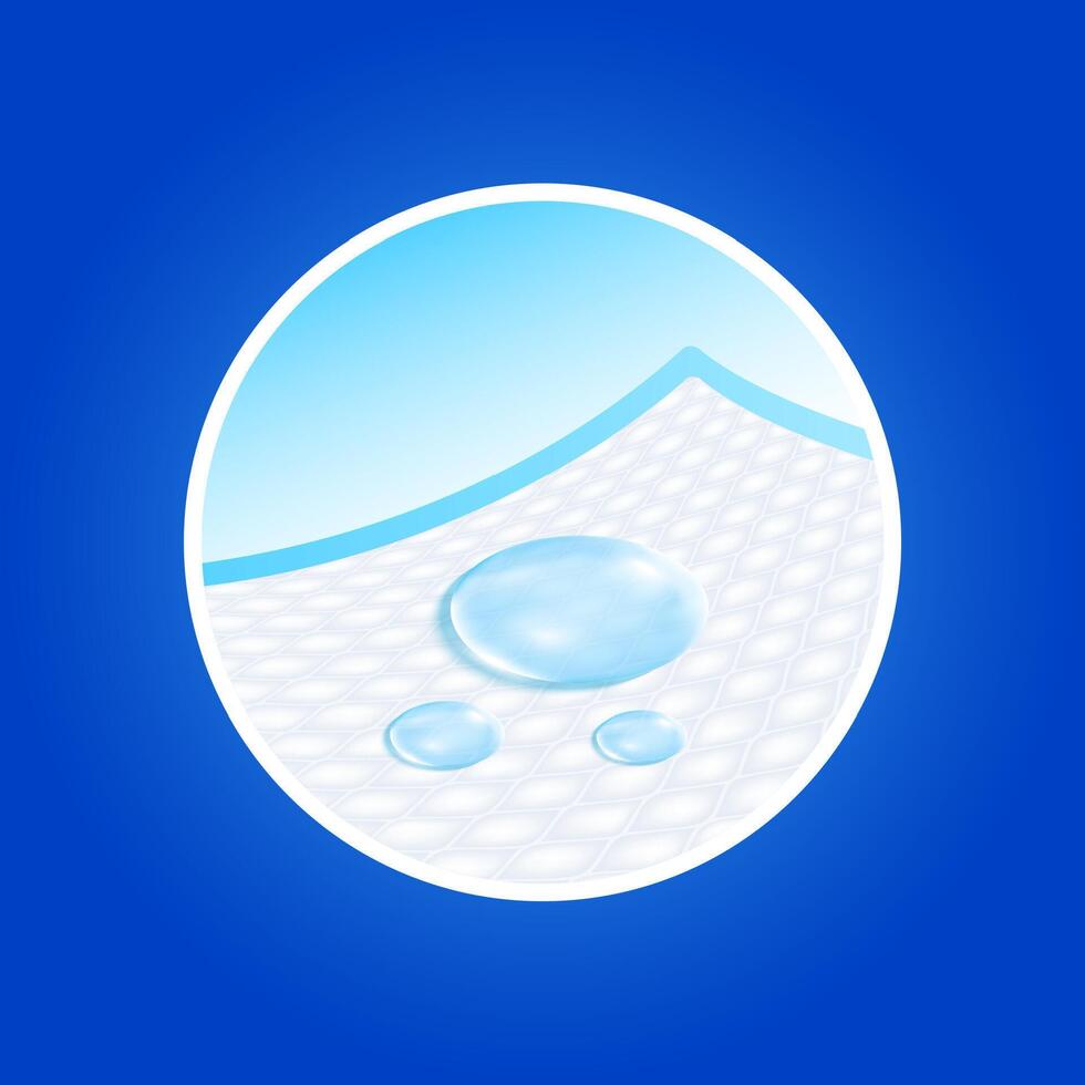 Water droplets on disposable close up. For elderly and bedridden people with urinary incontinence. Soft protection and convenient. Diaper pads Isolated on blue background. Label. vector