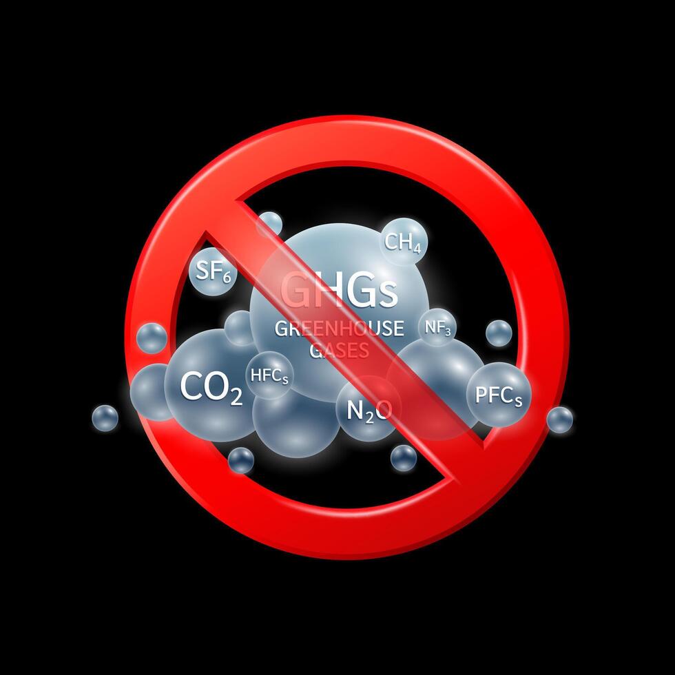 Greenhouse gases in prohibiting red sign. Air pollution emissions with industrial, fumes forest fires, agriculture livestock, electronic devices and gas CO2 CH4 N2O SF6 NF3 PFCs HFCs. vector