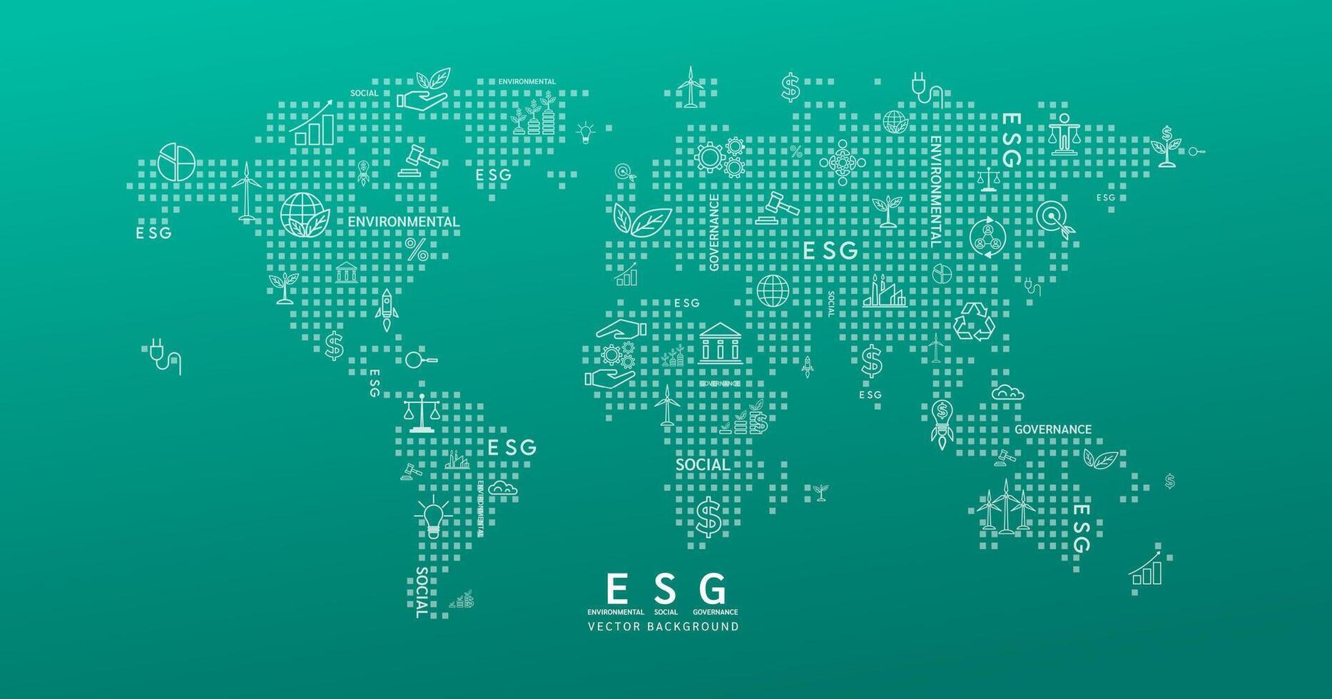 Green world map background with icons. ESG of environmental, social, and corporate governance. Sustainable corporation development and planning business strategy. vector