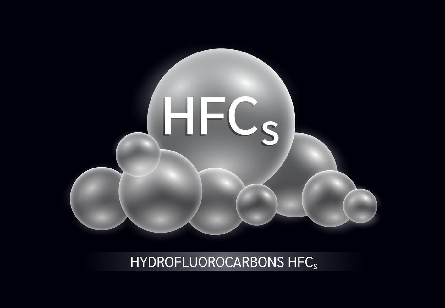 Hydrofluorocarbons HFCs in cloud grey on black background. Air pollution emissions with manufacturing industry, cooling system causes of greenhouse gases. Scientific ecology biochemistry. vector