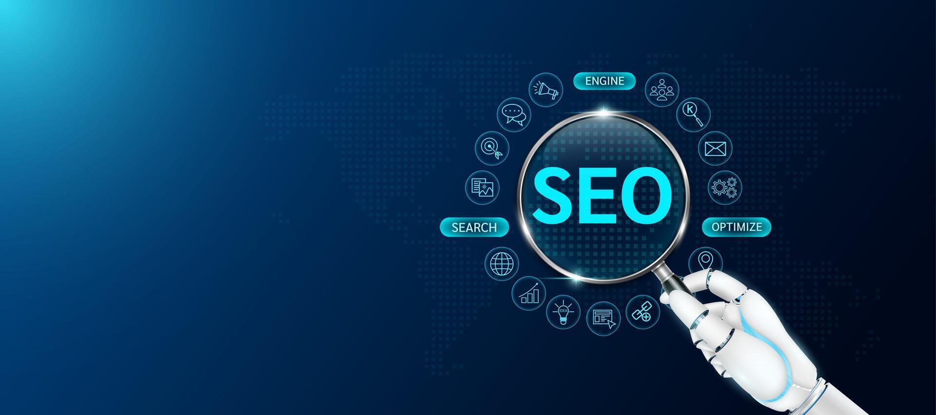 Robot holding magnifying glass look letter SEO blue with icons. Search, Engine, Optimize. Sustainable corporation development and planning business strategy. Space for text banner. vector