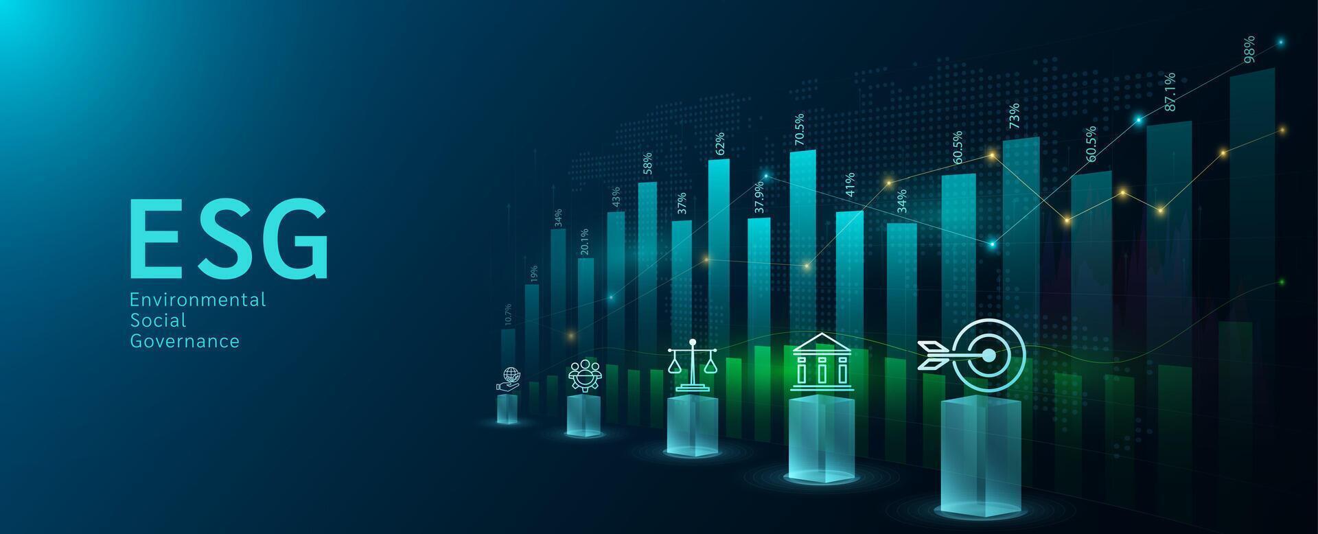 Icons ESG of Environmental, Social, Governance and chart stock market. Sustainable corporation development and planning business strategy. Analysis up trend of graph growth. Banner. vector