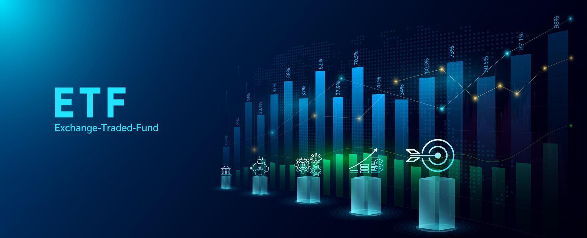 ETF Exchange Traded Fund. Trading investment stock market. Icons finance, saving, bank. Planning business strategy index fund growth. Analysis up trend of chart. Banner illustration. vector