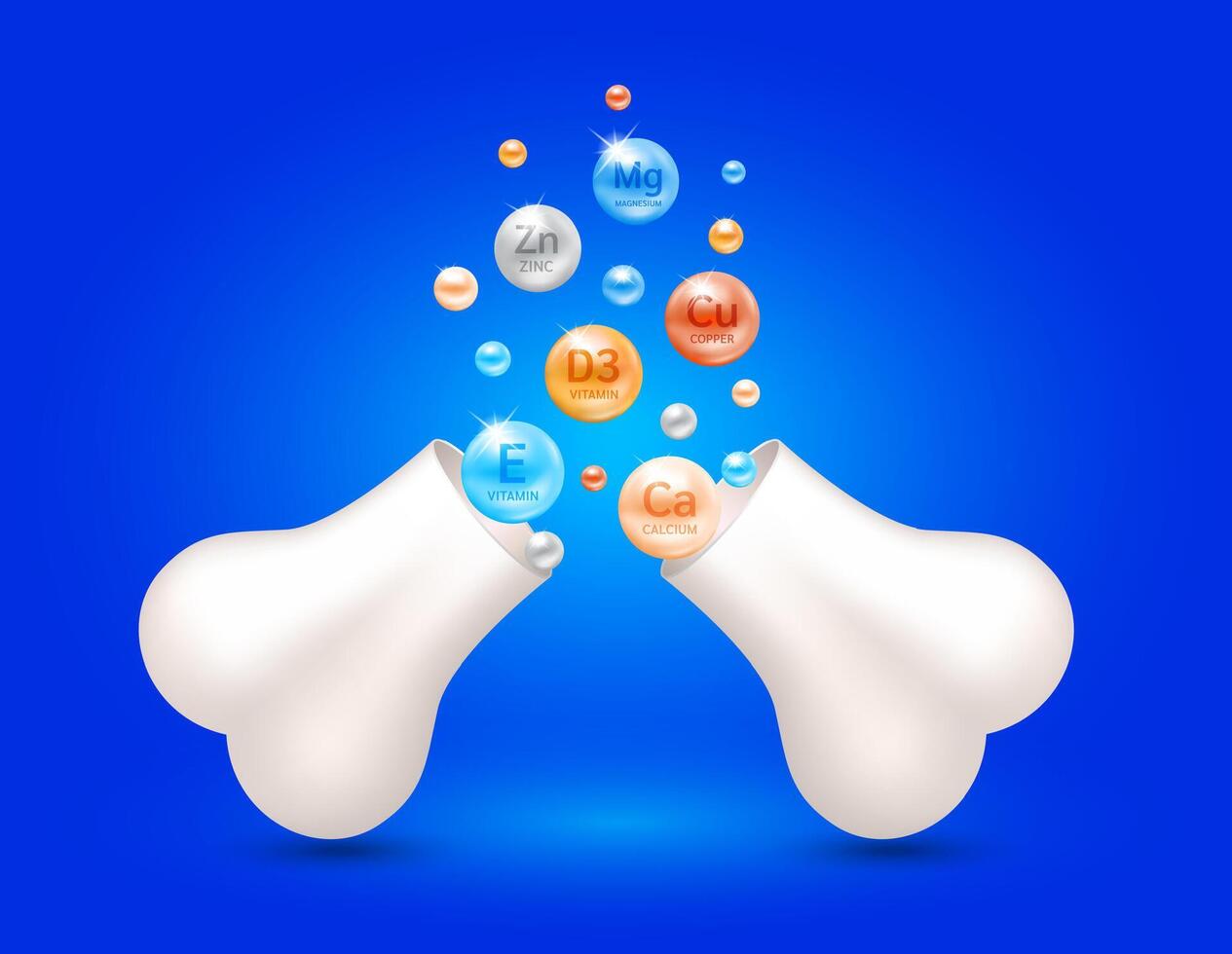 Minerals and vitamin complex float out of the bone capsule. Help heal arthritis knee joint, pain in leg. Healthy bones on blue background. Used for nutrition products food template design. vector