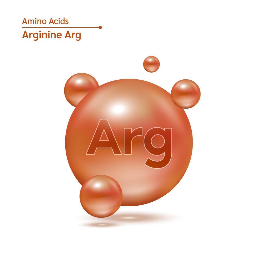 Arginine Arg amino acid capsules vitamins complex minerals. 3D Model of molecule brown isolated on white background. For food supplement ad package design. Science medic concept. vector