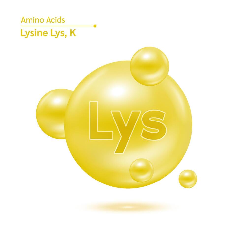 Lysine Lys amino acid capsule yellow vitamins complex minerals. 3D Model of molecule isolated on white background. For food supplement ad package design. Science medical concept. vector