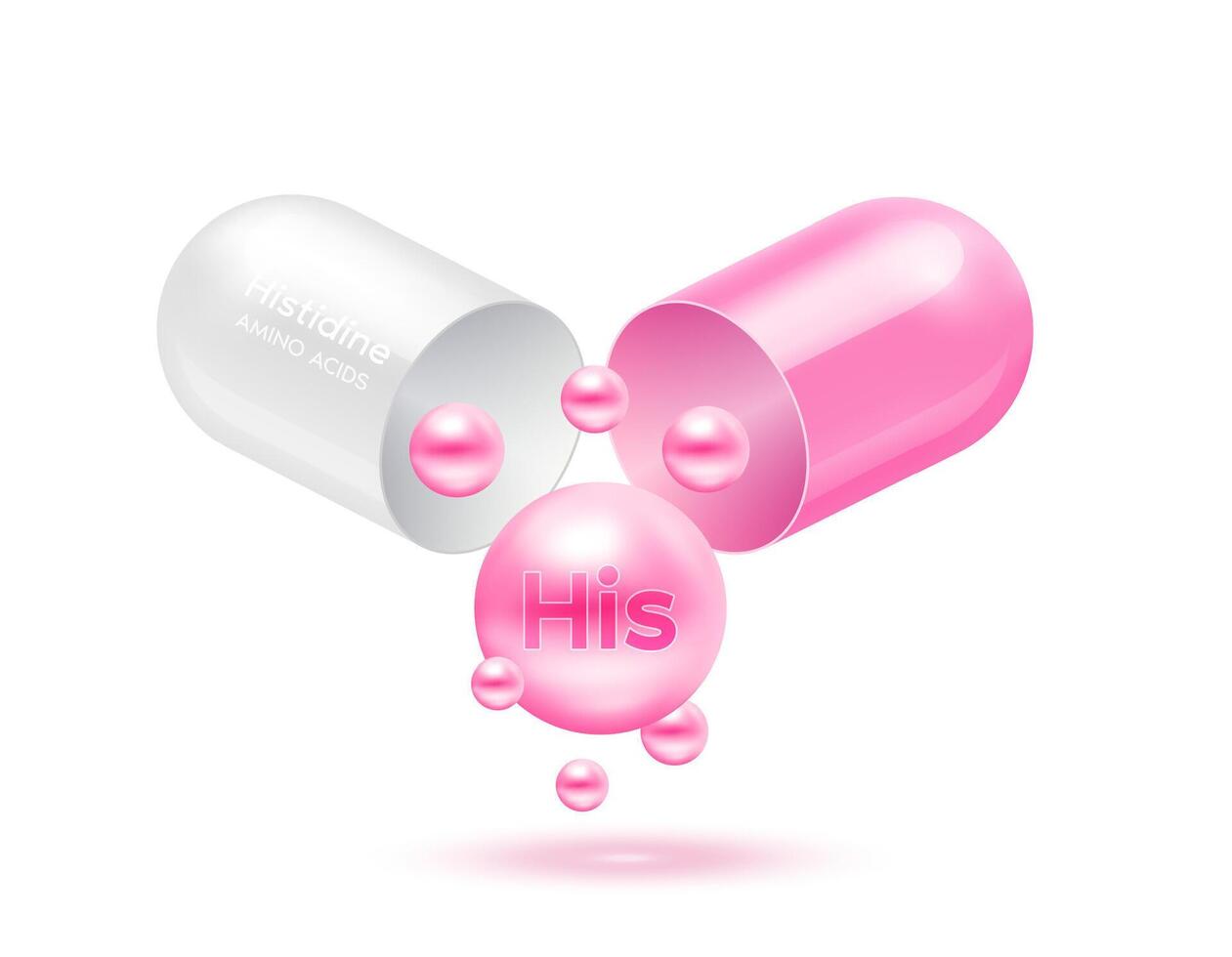 Histidine amino acid float out of the capsule pink isolated on white background. For food supplement ad package design. Science medical concept. vector