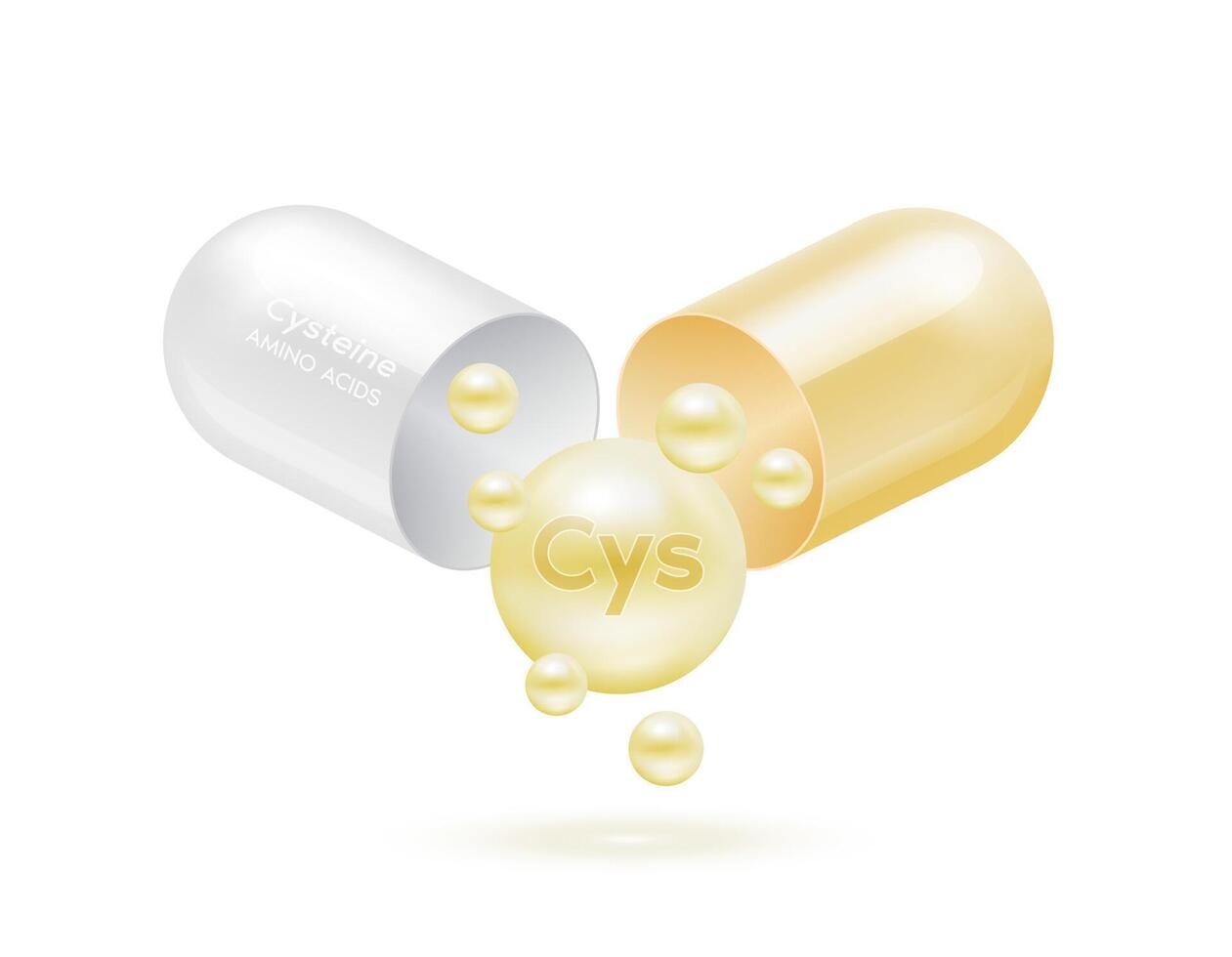 Cysteine amino acid float out of the capsule yellow isolated on white background. For food supplement ad package design. Science medical concept. vector