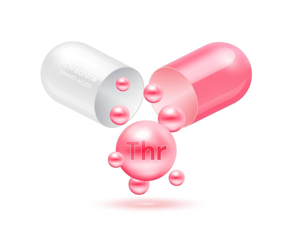 Threonine amino acid float out of the capsule pink isolated on white background. For food supplement ad package design. Science medical concept. vector