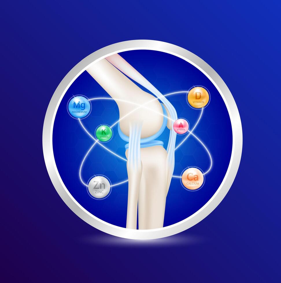 Label. Healthy joint bone and Minerals calcium, magnesium, zinc, vitamin. Radius ring surrounds on a blue background. Help heal arthritis knee. For nutrition products design. vector