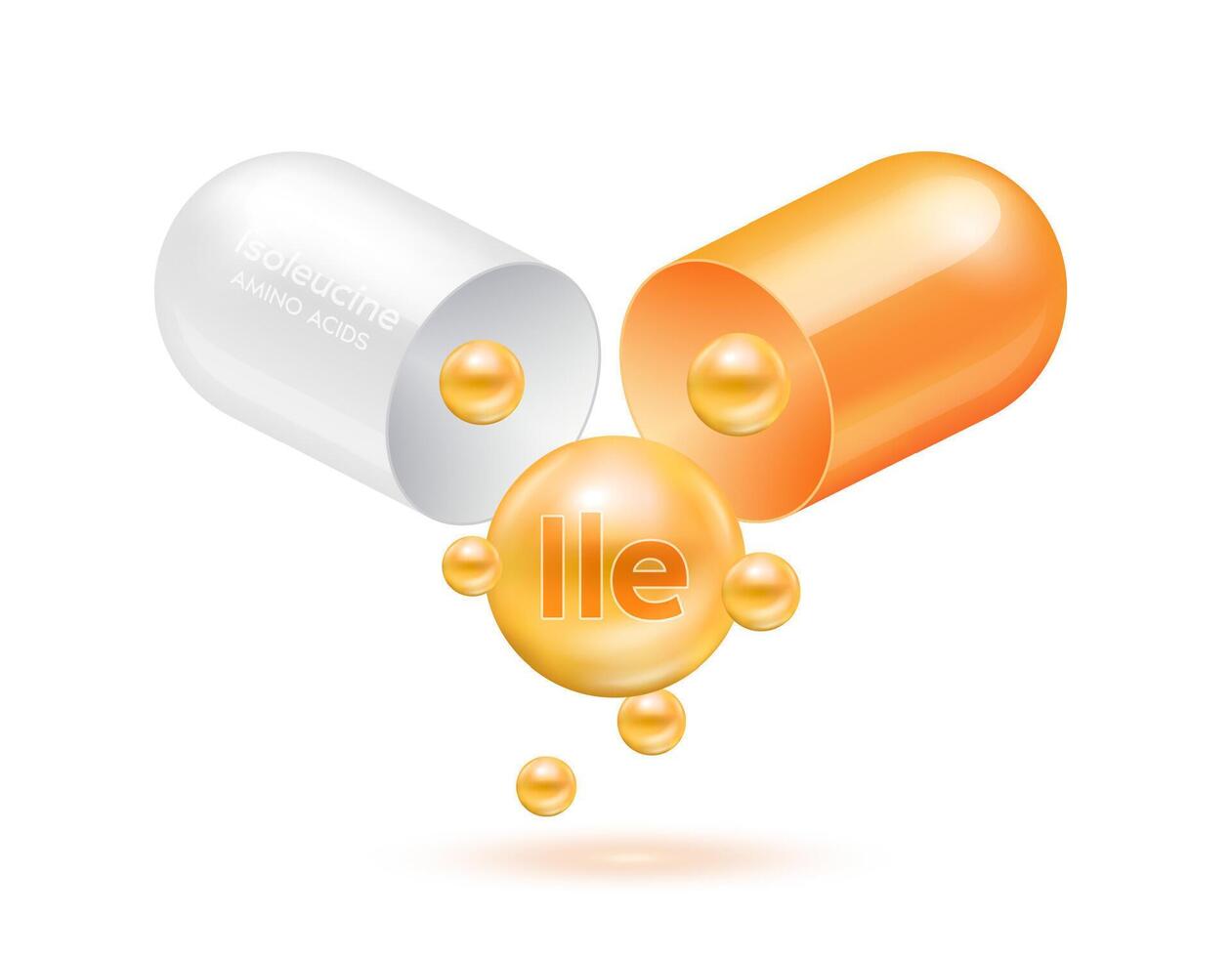 Isoleucine amino acid float out of the capsule orange isolated on white background. For food supplement ad package design. Science medical concept. vector