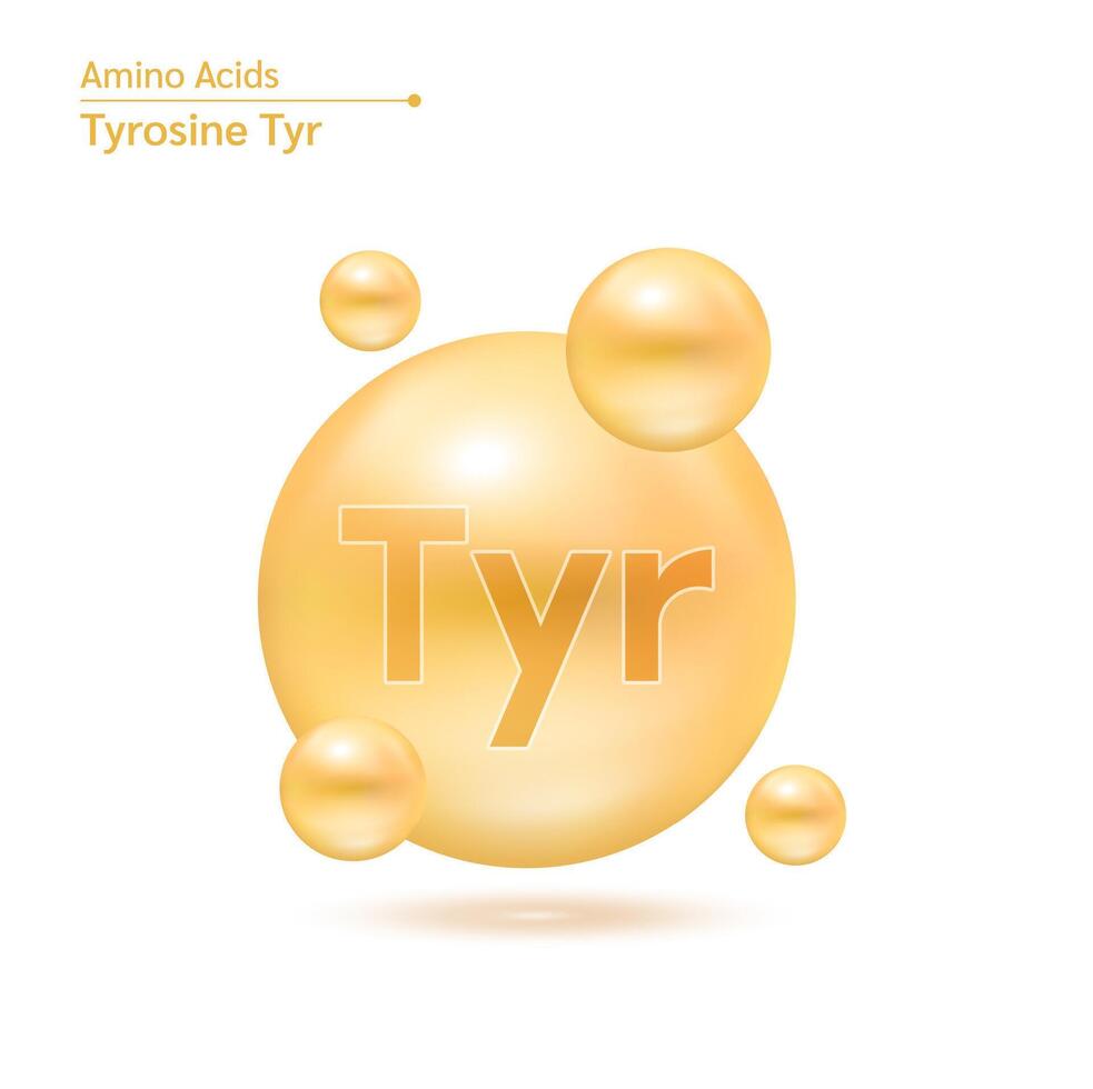 Tyrosine Tyr amino acid capsule orange vitamins complex minerals. 3D Model of molecule isolated on white background. For food supplement ad package design. Science medical concept. vector