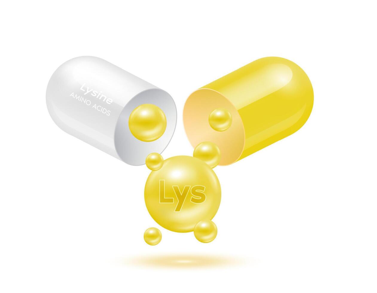 Lysine amino acid float out of the capsule yellow isolated on white background. For food supplement ad package design. Science medical concept. vector