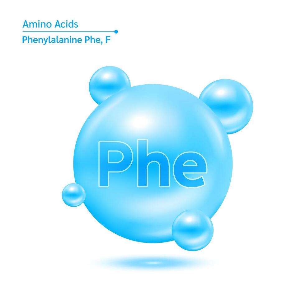 Phenylalanine Phe amino acid capsule blue vitamins complex minerals. 3D Model of molecule isolated on white background. For food supplement ad package design. Science medical concept. vector