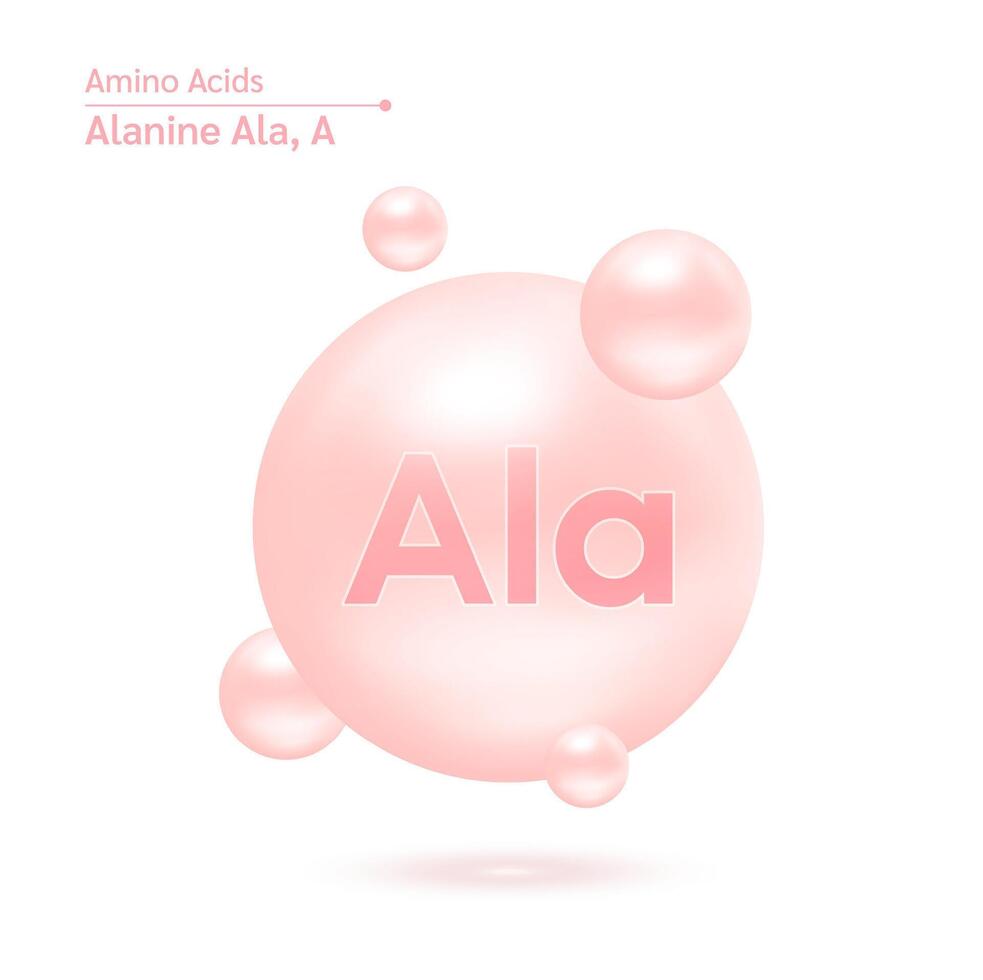 Alanine Ala amino acid capsules vitamins complex minerals. 3D Model of molecul pink isolated on white background. For food supplement ad package design. Science medic concept. vector