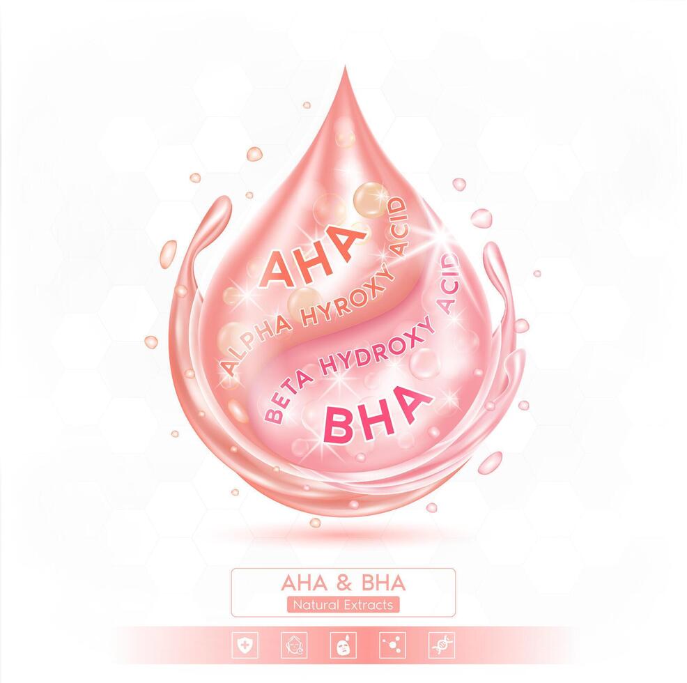 Pink collagen AHA BHA solution isolated on white background. Vitamins complex minerals supplements should take in pairs. Helps keep skin moisturized and youthful. vector