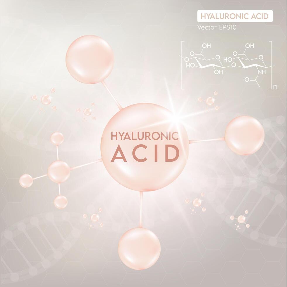 Atom hyaluronic acid. Getting skin younger with help of collgen and moisturizer. Skin solutions for cosmetic advertising. vector