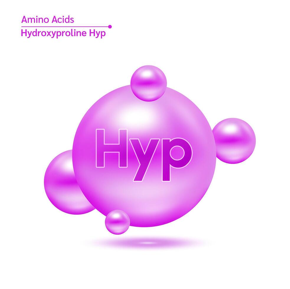 Hydroxyproline Hyp amino acid capsule purple vitamins complex minerals. 3D Model of molecule isolated on white background. For food supplement ad package design. Science medical concept. vector