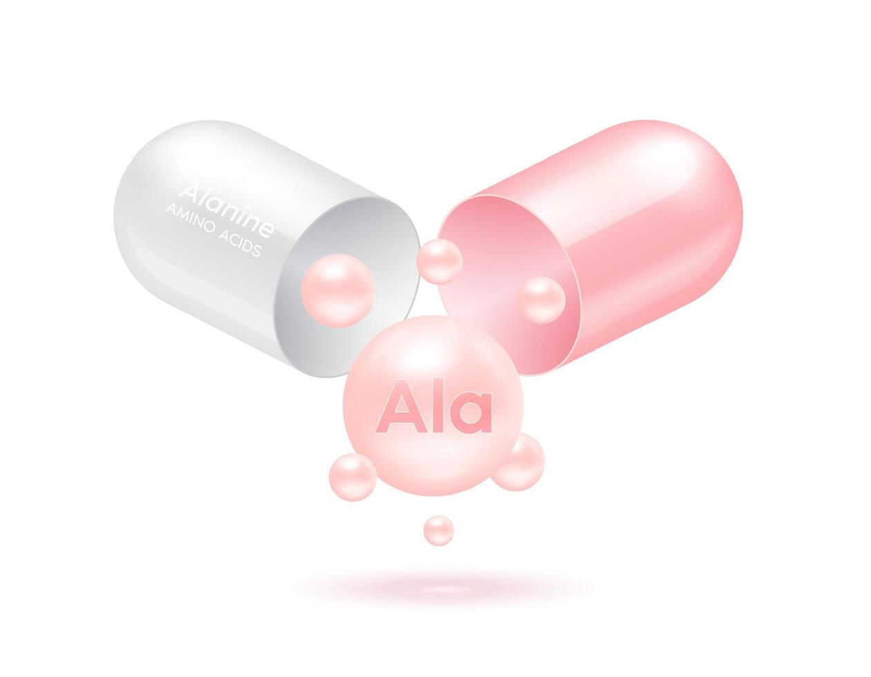 Alanine amino acid float out of the capsule pink isolated on white background. For food supplement ad package design. Science medical concept. vector