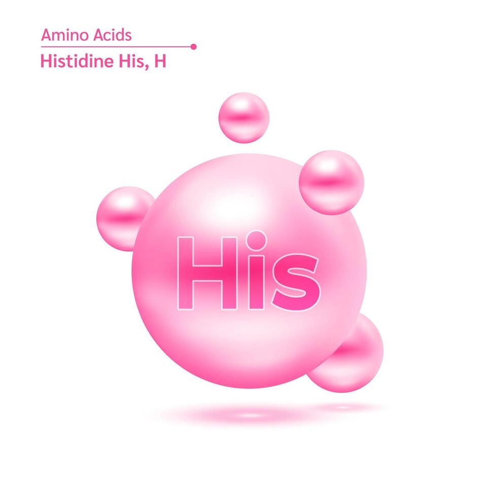 Histidine His amino acid capsule pink vitamins complex minerals. 3D Model of molecule isolated on white background. For food supplement ad package design. Science medical concept. vector