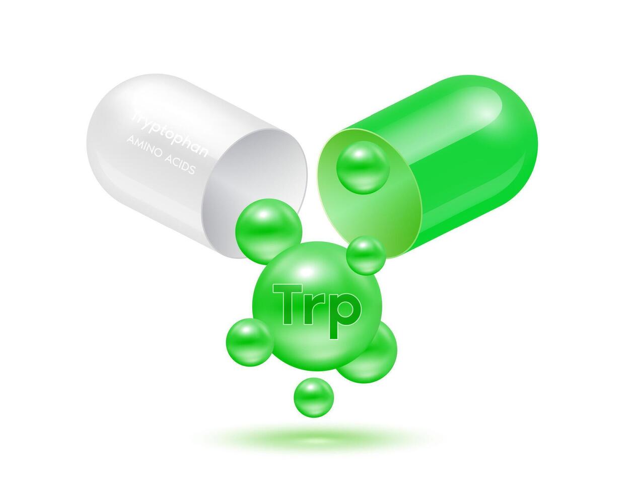 Tryptophan amino acid float out of the capsule green isolated on white background. For food supplement ad package design. Science medical concept. vector