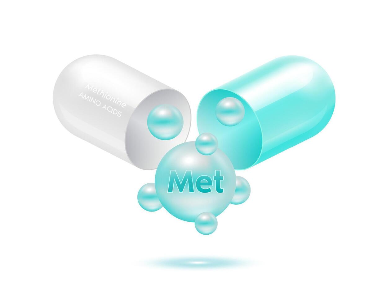 Methionine amino acid float out of the capsule blue isolated on white background. For food supplement ad package design. Science medical concept. vector
