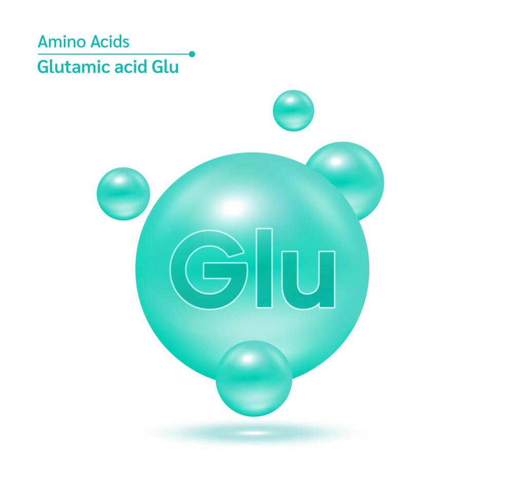 Glutamic acid Glu amino acid capsules vitamins complex minerals. 3D Model of molecule green isolated on white background. For food supplement ad package design. Science medic concept. vector