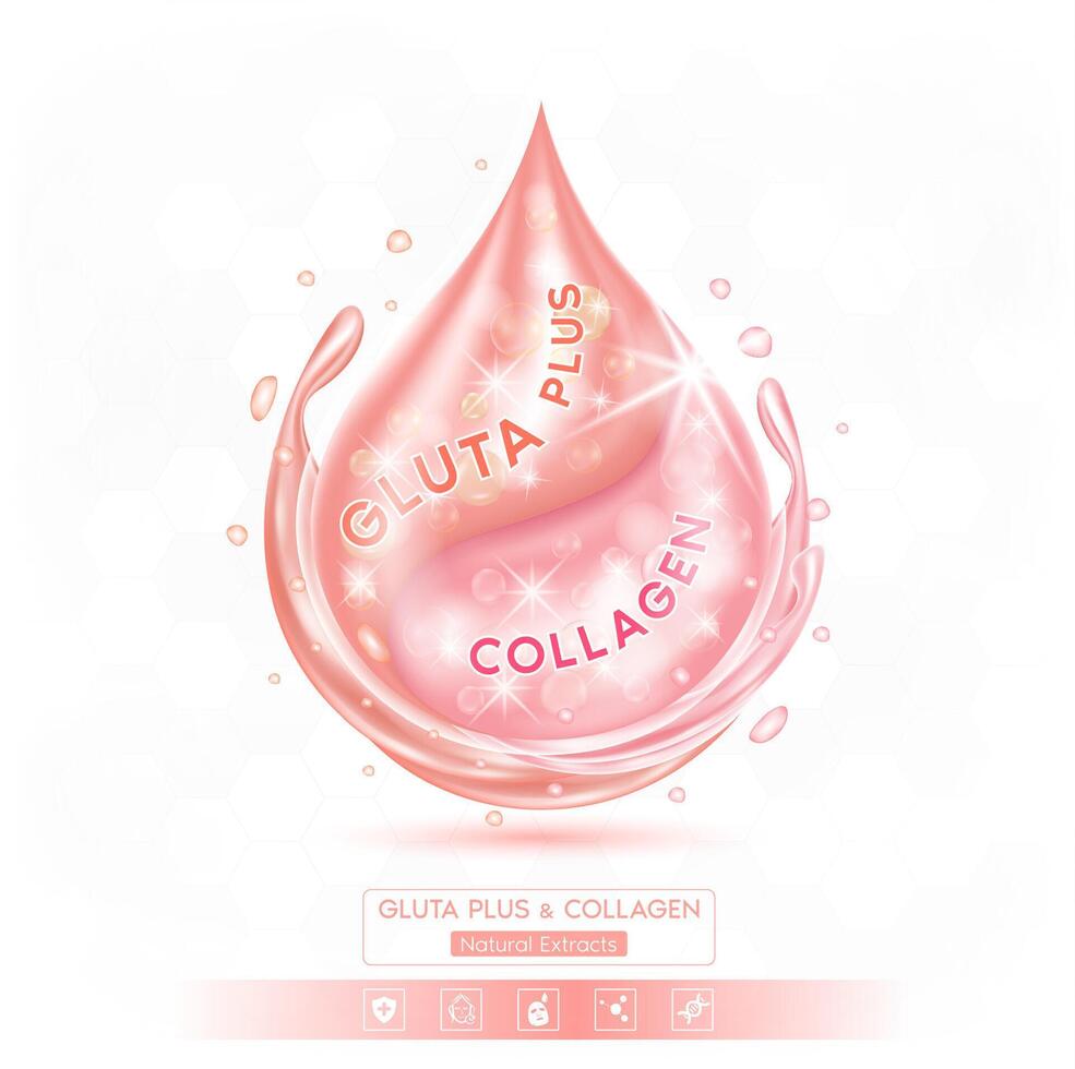 Glutathione and pink collagen solution isolated on white background. Vitamins complex minerals supplements should take in pairs. Helps keep skin moisturized and youthful. vector