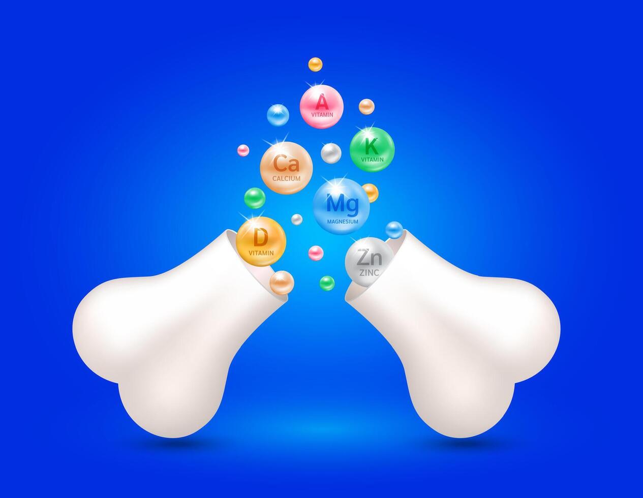 Calcium minerals complex float out of the bone capsule. Help heal arthritis knee joint, pain in leg. Healthy bones on blue background. Used for nutrition products food template design. vector