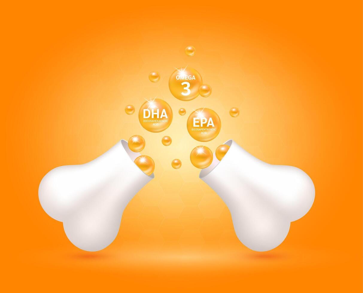 Omega 3 DHA EPA float out of the bone capsule. Help heal arthritis knee joint, pain in leg. Healthy bones on blue background. Used for nutrition products food template design. vector