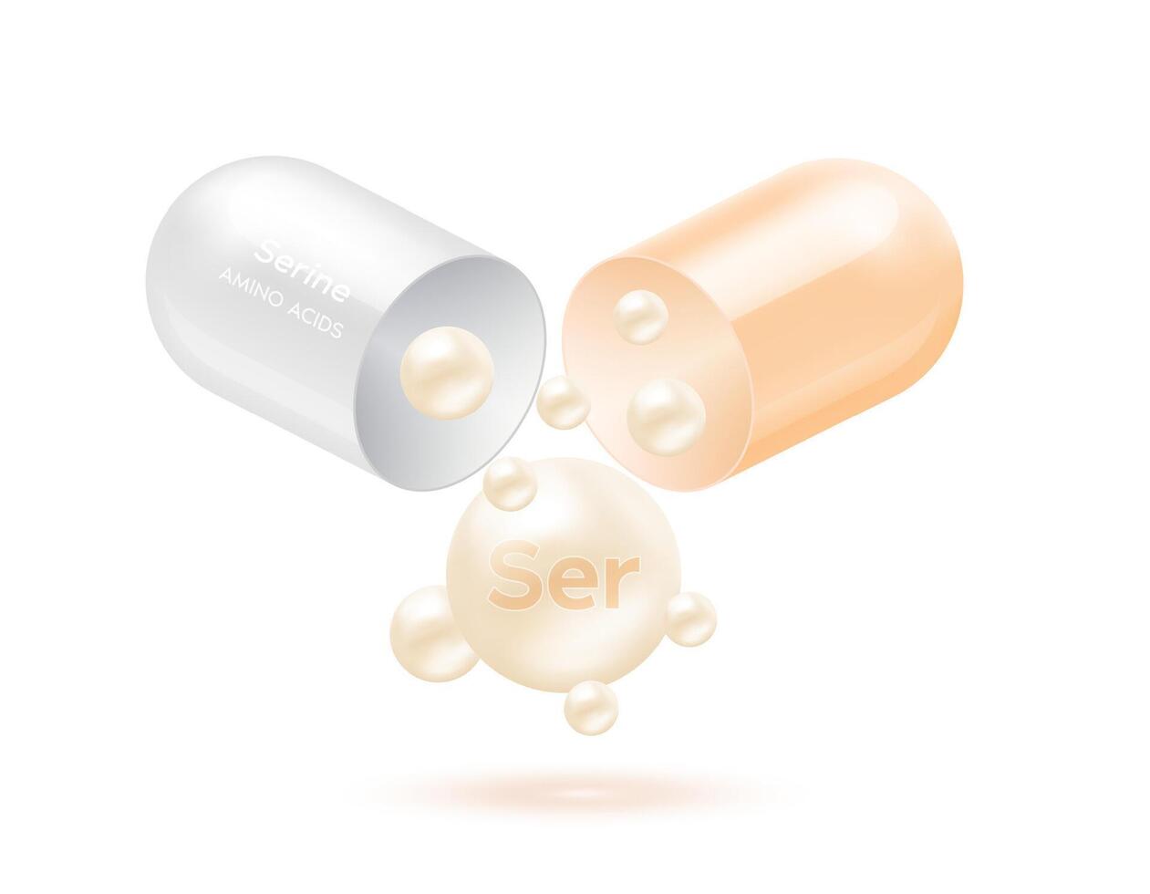 Serine amino acid float out of the capsule isolated on white background. For food supplement ad package design. Science medical concept. vector