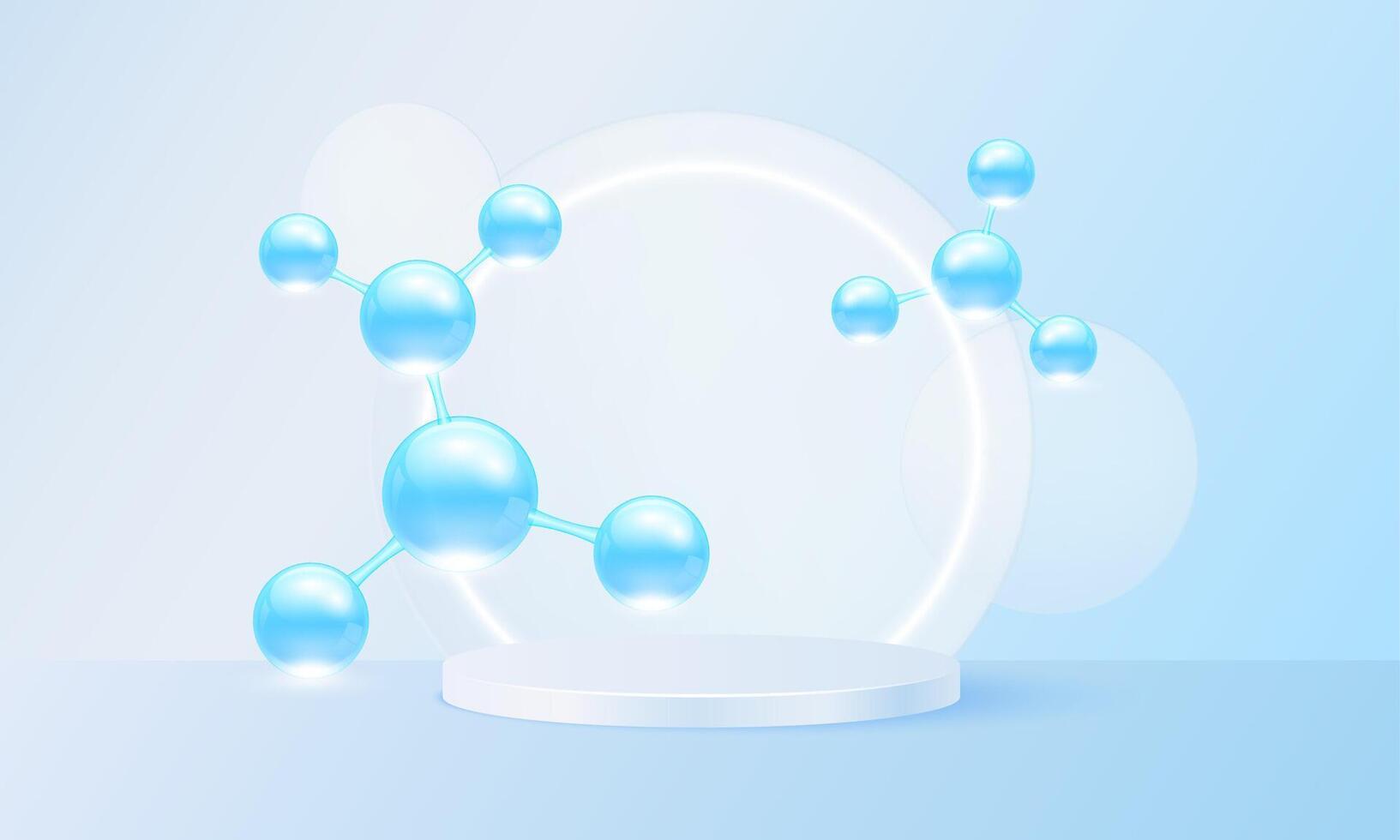 Cosmetic podium display with transparent disc and molecular atom, glow curve line. Stage pedestal platform. Ads cosmetics beauty skin care product. Realistic 3d luxury minimal style. vector