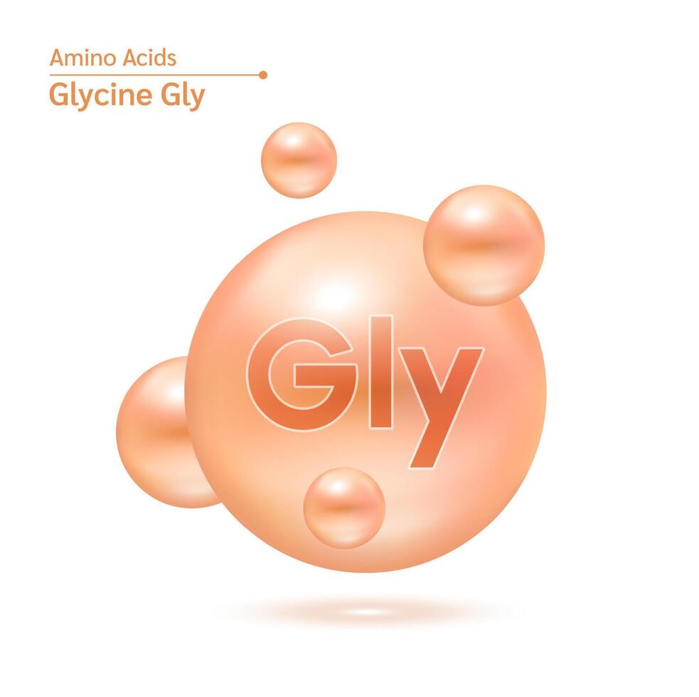 Glycine Gly amino acid capsules vitamins complex minerals. 3D Model of molecule orange isolated on white background. For food supplement ad package design. Science medic concept. vector