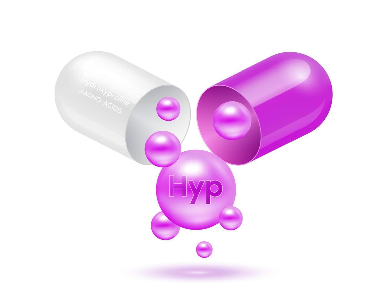 Hydroxyproline amino acid float out of the capsule purple isolated on white background. For food supplement ad package design. Science medical concept. vector