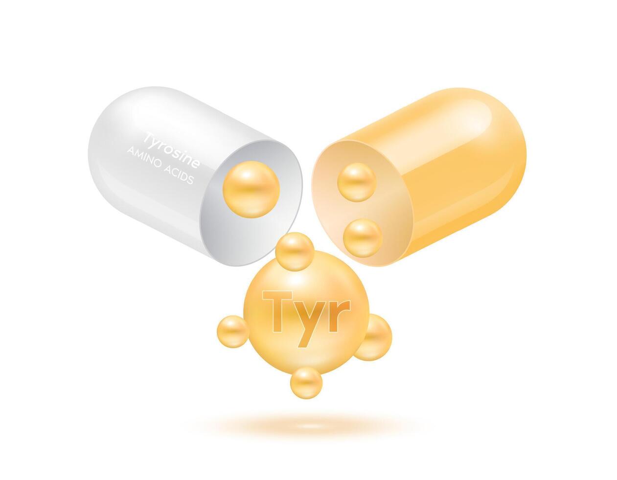 Tyrosine amino acid float out of the capsule orange isolated on white background. For food supplement ad package design. Science medical concept. vector