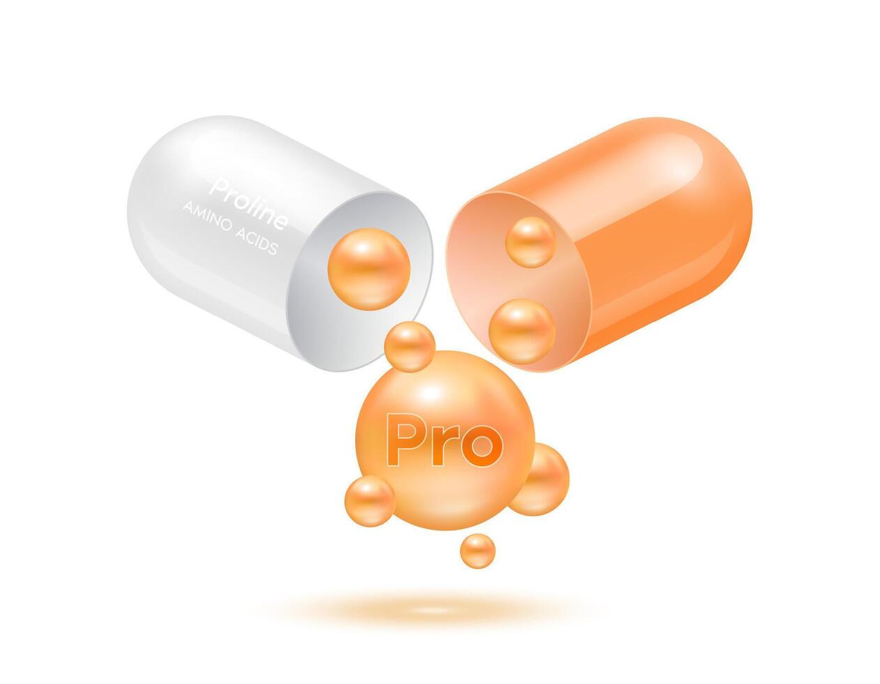 Proline amino acid float out of the capsule orange isolated on white background. For food supplement ad package design. Science medical concept. vector