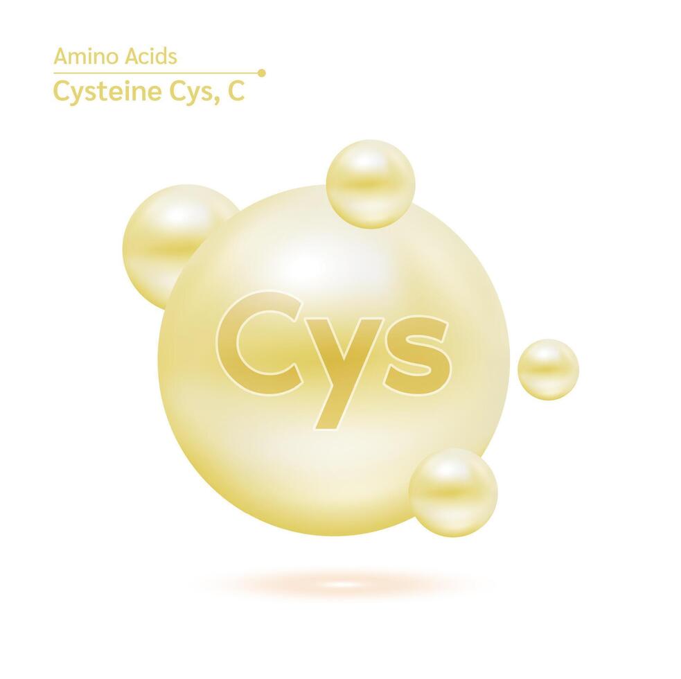 Cysteine Cys amino acid capsules vitamins complex minerals. 3D Model of molecule yellow isolated on white background. For food supplement ad package design. Science medic concept. vector