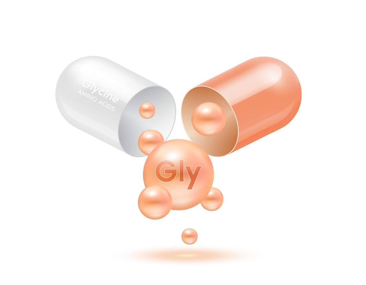 Glycine amino acid float out of the capsule isolated on white background. For food supplement ad package design. Science medical concept. vector