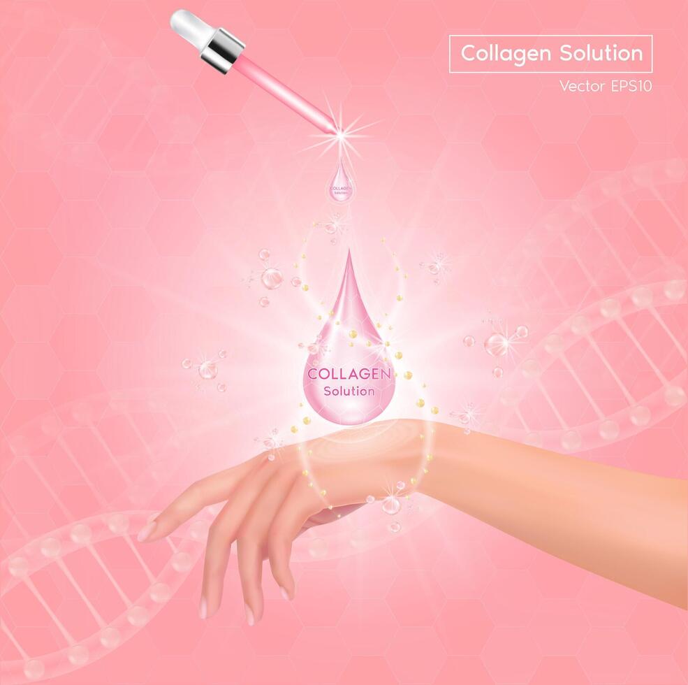 Collagen serum oil drop absorbed into the skin cell hand. Getting skin younger with help of moisturizer hyaluronic acid. skin solutions for cosmetic advertising. vector